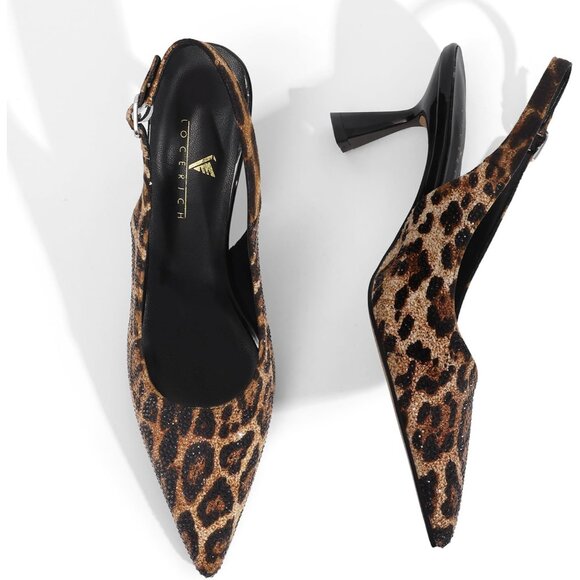 🆕Women's Black Kitten Heels Slingback Low Heel Shoes Pumps Pointed Toe Sparkly - Picture 3 of 9